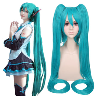 YOGFIT Hatsune Miku Straight Wig with Bangs and 2 Long 48" Ponytails