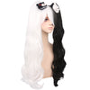 YOGFIT Long Wavy Half Black and Half White Wig with Bangs and Two Long Ponytails