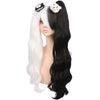 YOGFIT Long Wavy Half Black and Half White Wig with Bangs and Two Long Ponytails