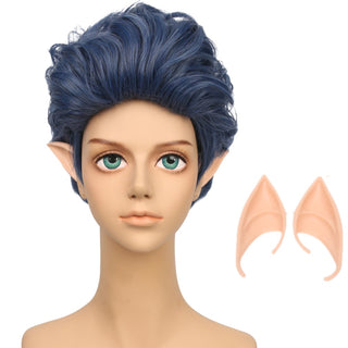 YOGFIT Men's Short Dark Blue Wavy Curly Wig with Bangs and Elf Ears Synthetic Cosplay Wig