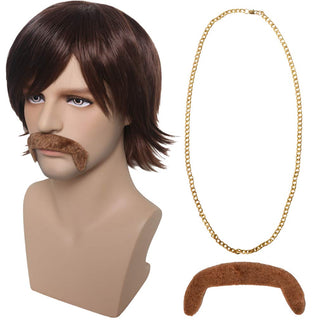 YOGFIT Mens 70's Wig Brown Cosplay Wig with Gold Chain and Mustache for 60s Costume Party