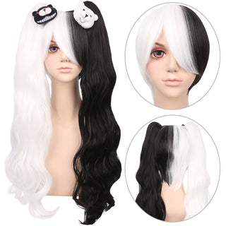 YOGFIT Long Wavy Half Black and Half White Wig with Bangs and Two Long Ponytails