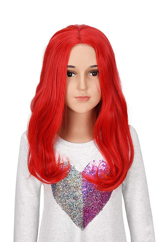 YOGFIT Children's Bright Red Wavy Wig Medium Length Parted in Middle Synthetic Cosplay Wig