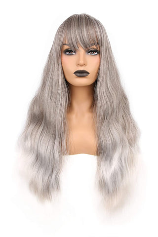 YOGFIT 30 Inch Smoke with White Tips Wig Long Curly Wavy Wig with Bangs