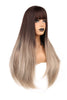 YOGFIT 29 Inch Women's Brown to Silver Grey Wig Long Straight Wig with Bangs