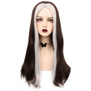 YOGFIT Brown Wig with White Streak Hair Women's Long Straight Synthetic Wig